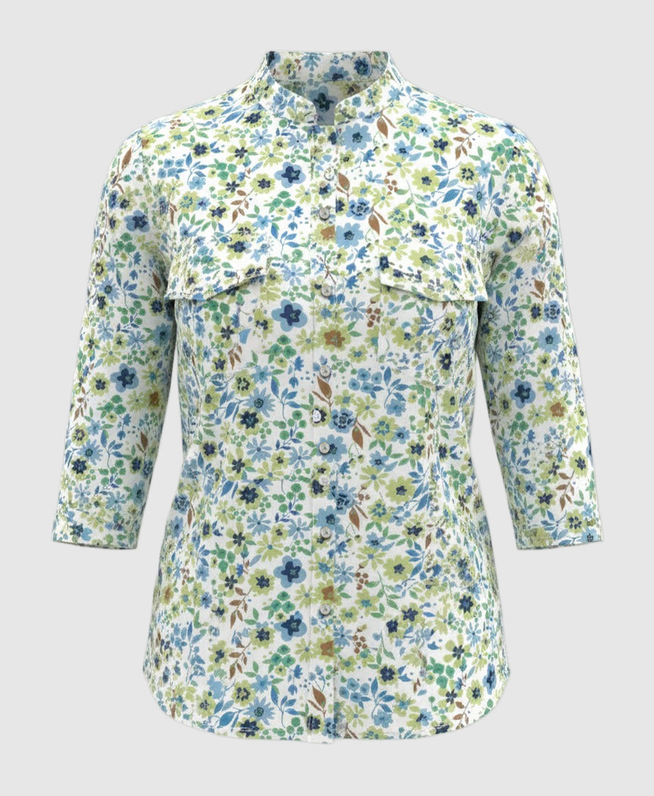 white blue and green floral women shirt, mandarin collar, three fourth sleeves